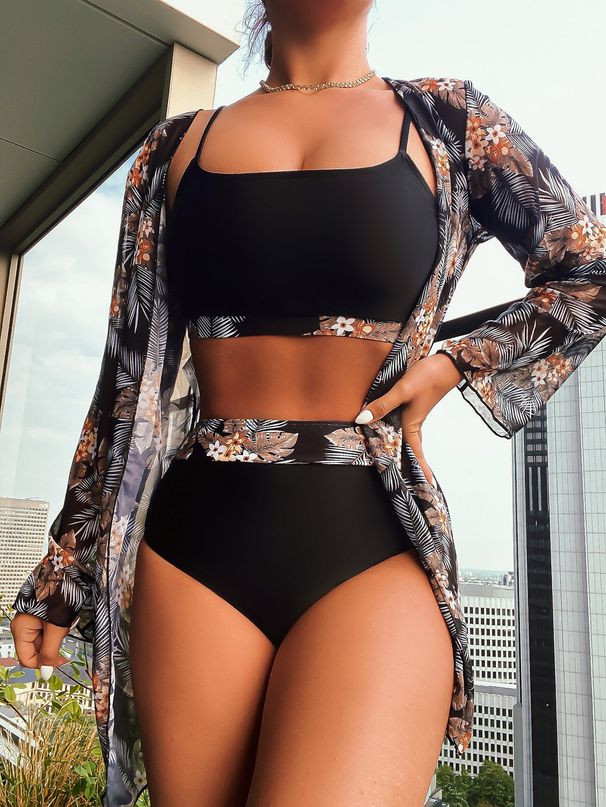 2025 New Maple Leaf Print Long Sleeve Patchwork Bikini Three-Piece Set High Waist Swimsuit For Women_voghion.com