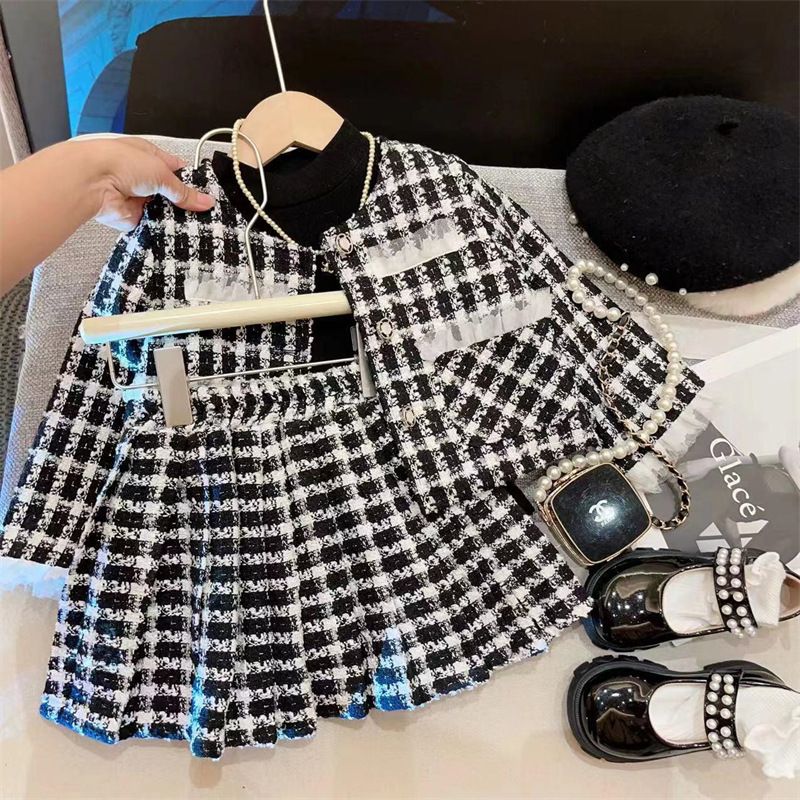 Manteau à carreaux + jupe courte pour filles, ensemble deux pièces à la mode, petit parfum, mode coréenne, nouvelle collection automne 2023_voghion.com