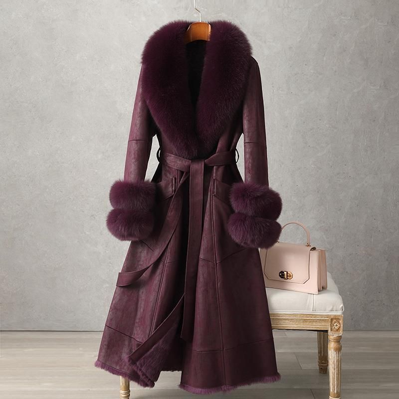 Îmbrăcăminte pentru femei, haină nouă de blană de lungime medie, cu guler de blană peste genunchi, croială slim fit_voghion.com