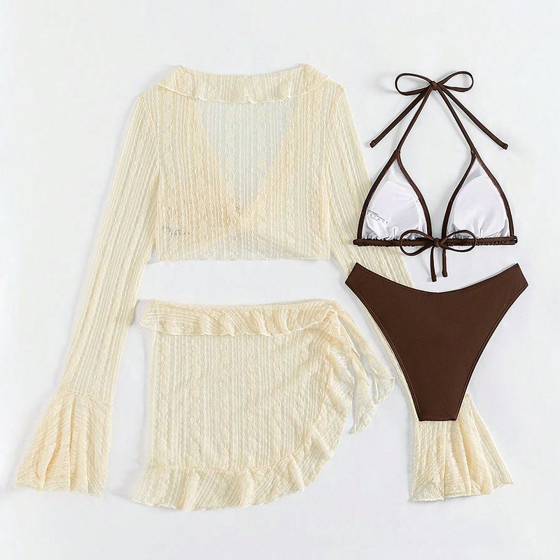 Nuovo costume da bagno da spiaggia bikini a maniche lunghe in rete tinta unita da donna, completo da quattro pezzi_voghion.com