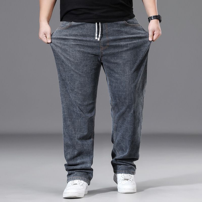 Übergröße Herrenbekleidung Herbst- und Winterjeans für Herren, gerade, lockere Version, plus dicke Hose mit elastischer Taille für Herren mit weitem Bein, dicke Kerlhose_voghion.com