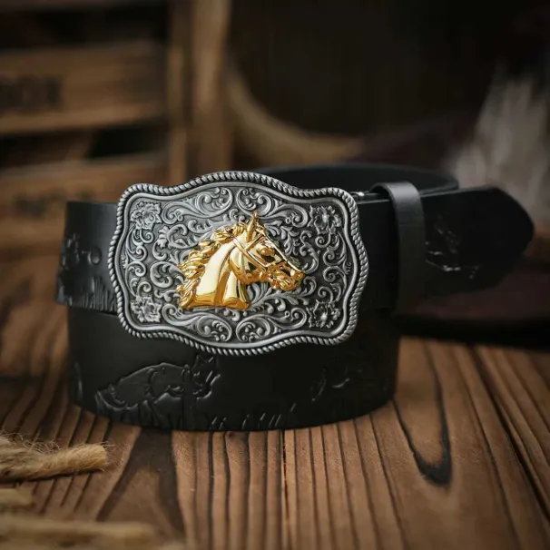 Western Cowboy Leather Belts Horse Pattern Floral Engraved Buckle Belt For Men Z250530_voghion.com