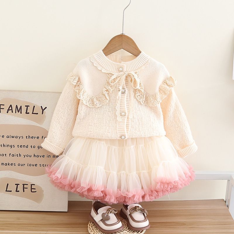 Girls' Sweater Cardigan + Gauze Pommel Skirt Princess Skirt Knitted Long Sleeve Coat With Peach Heart For Baby Girls_voghion.com