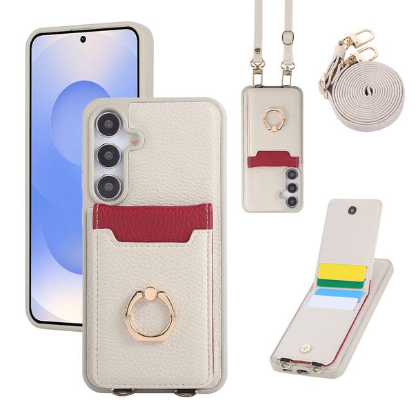 Adatto per Samsung S25 Ultra Custodia in pelle per cellulare con slot per schede S24 S23 Custodia per cellulare con anello con motivo a litchi e cordino_voghion.com