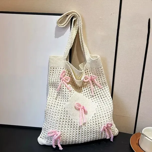 Preppy Style Crochet Tote With Butterfly Accents Solid Color Polyester Shoulder Foldable Fashion Beach Bag 250402_voghion.com