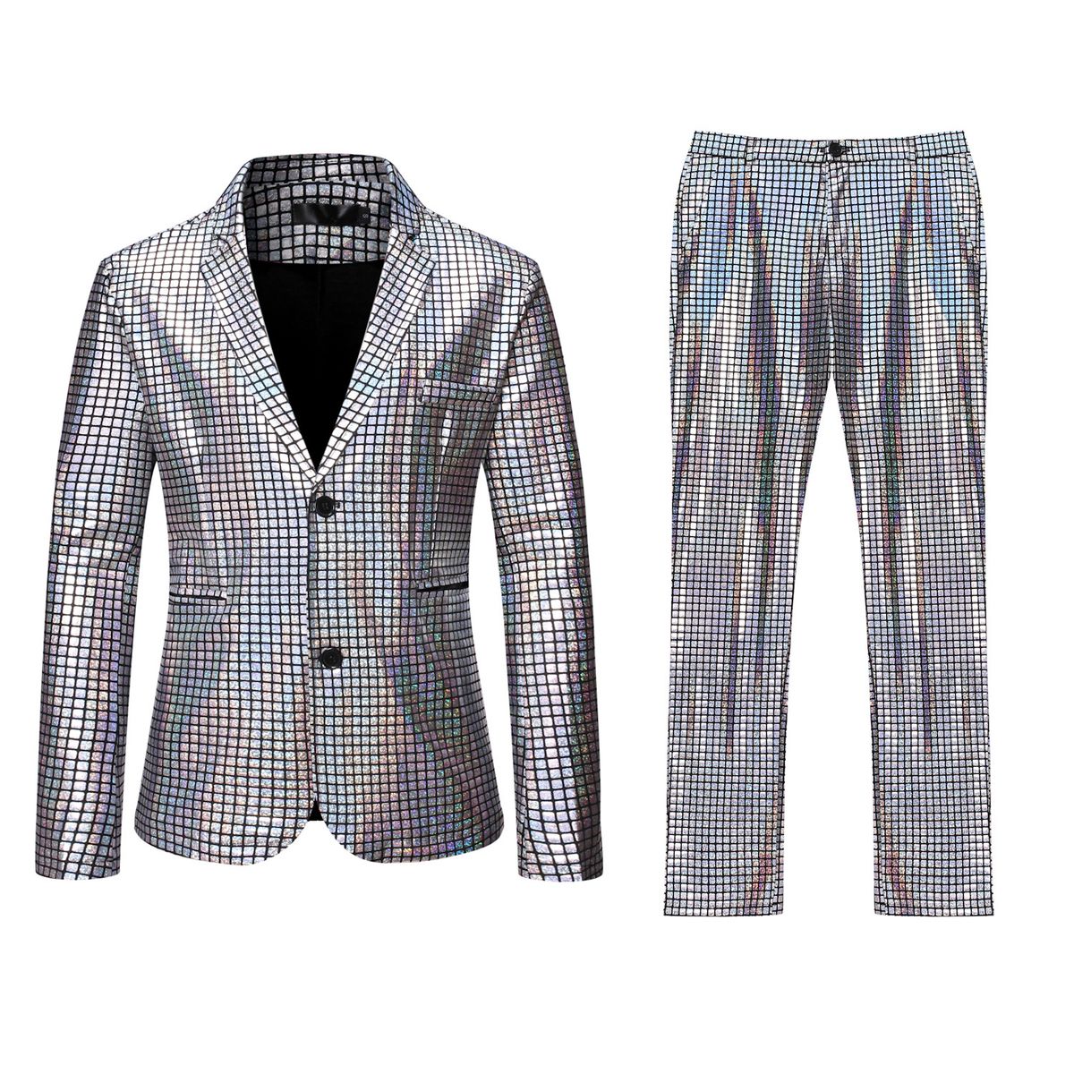 CT Men's European Size Rainbow Plaid Gold Foil Stage Nightclub Cool Performance Shiny Suit Pants Two-Piece Set_voghion.com