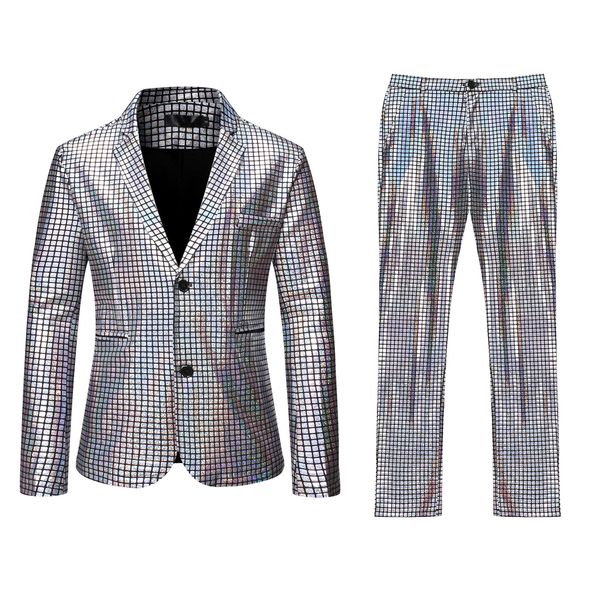 CT Men's European Size Rainbow Plaid Gold Foil Stage Nightclub Cool Performance Shiny Suit Pants Two-Piece Set_voghion.com