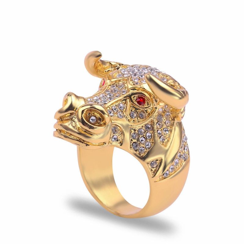 Bague tête de taureau style hip-hop punk en acier titane plaqué or_voghion.com