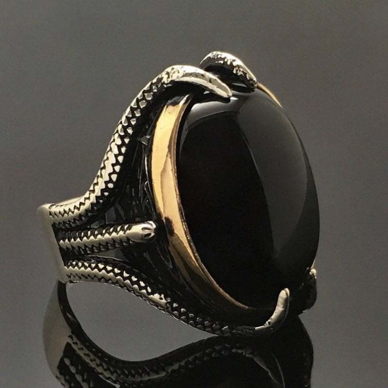 Anello da uomo Hip Hop Punk Rock Street Pop Anello da uomo in argento con artiglio di drago e zircone nero Anello da uomo con separazione dei colori a forma di uovo esagerato Regalo di compleanno per amici e familiari_voghion.com
