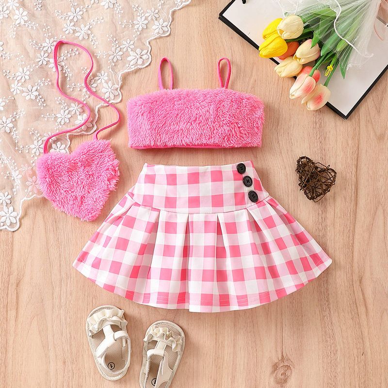 Vêtements pour bébés, haut à licou en fourrure pour enfants moyens et petits, jupe plissée à carreaux, sac, costume pour fille_voghion.com