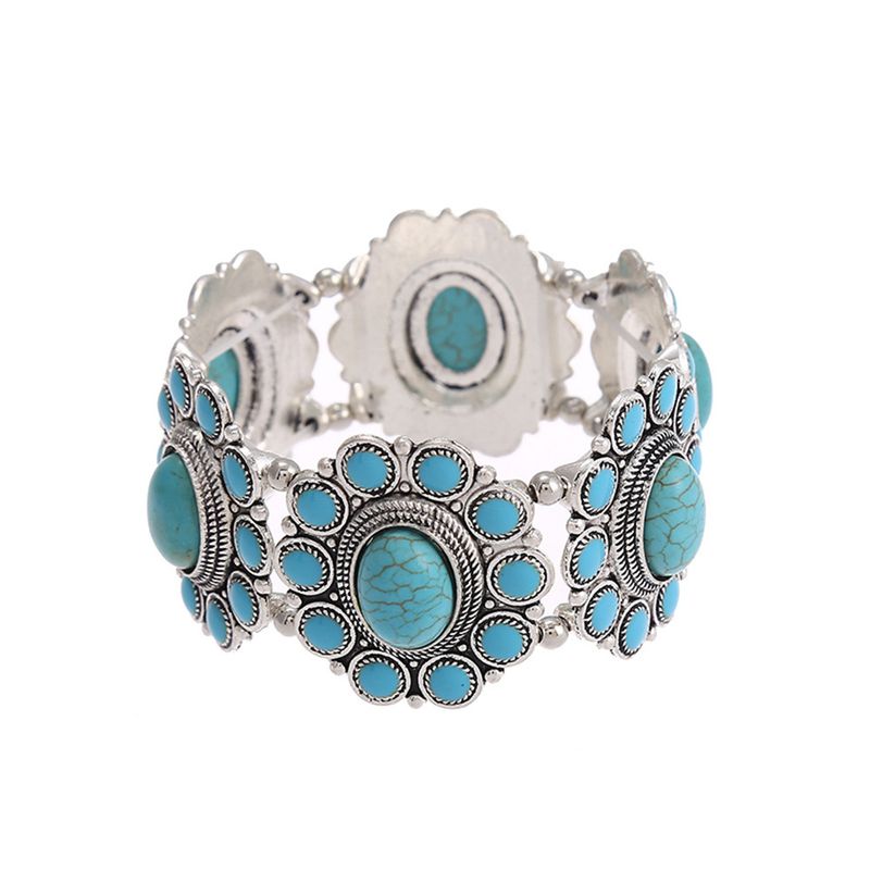 Bracciale bohémien turchese in stile etnico, pietra naturale placcata in argento, gioiello da donna_voghion.com