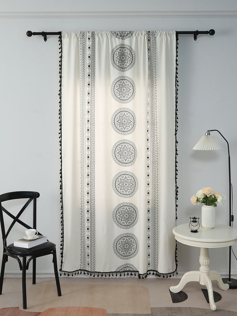 Black Circle Print Curtains, Polyester Sheer Drapes With Geometric & Apple Blossom Patterns, Modern Light-Filtering Window Treatments_voghion.com