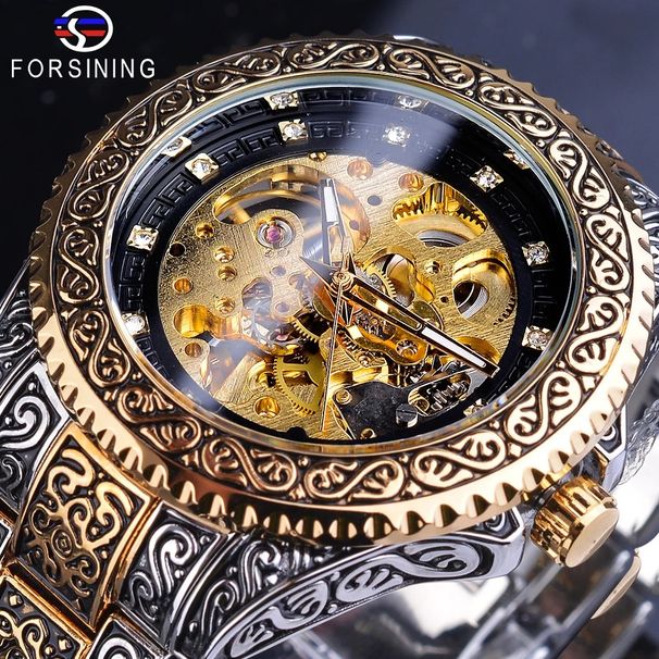 FORSININGN Men's Retro Carved Hollow Diamond Literal Fully Automatic Mechanical Watch Double Press Butterfly Buckle Steel Strap_voghion.com