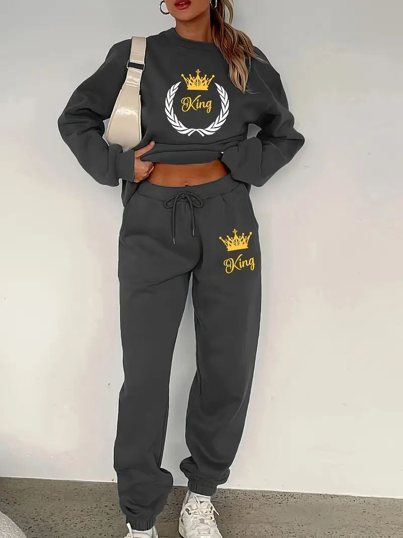 Tuta da donna stampata in due pezzi, con maglia a maniche lunghe e pantaloni con coulisse in vita, abbigliamento sportivo casual per primavera e autunno._voghion.com