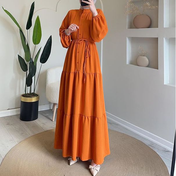 Damenbekleidung Herbst Rundhals Langarm Einreihiges Kleid mit hoher Taille_voghion.com