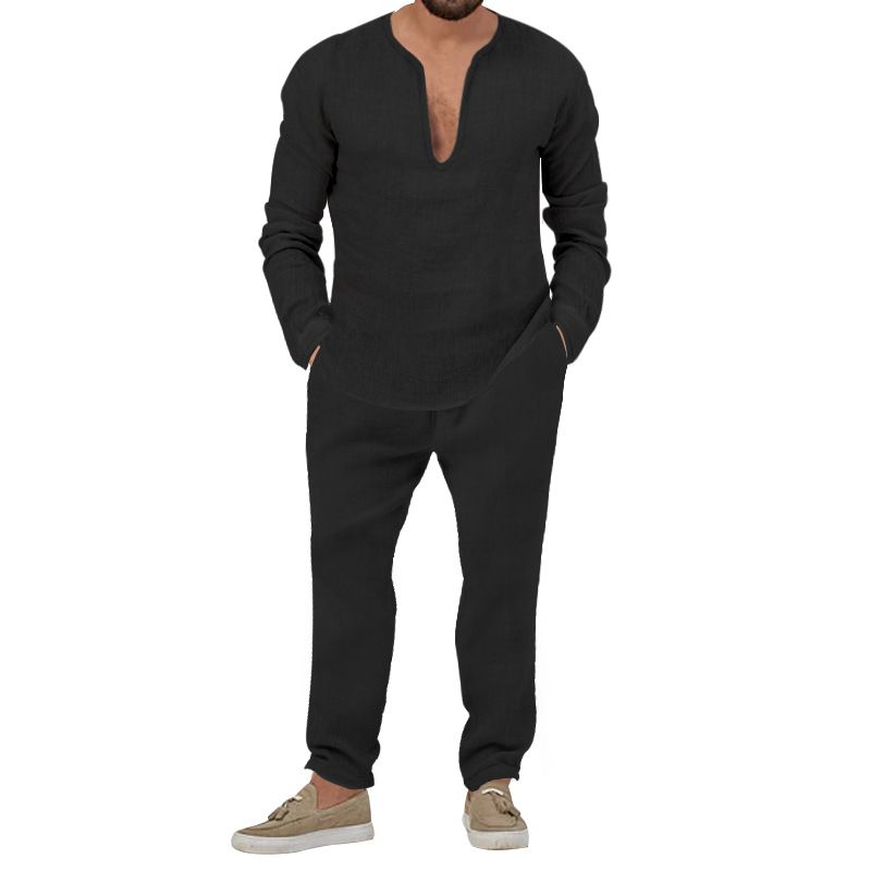 Men's Clothing men's solid color casual T shirt long sleeved V neck shirt trousers suit_voghion.com