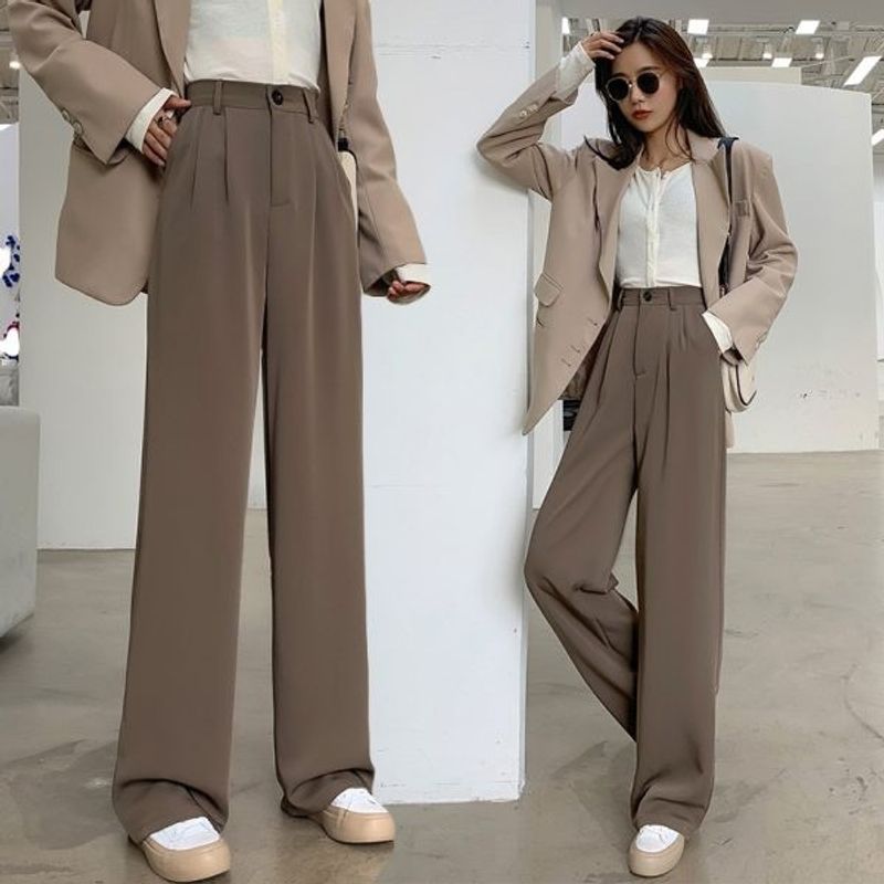 Women's Clothing Black Suit Pants Elastic Waist Slim Casual Pants Summer Pants Loose Wide Leg Pants Women's High Waist Drape Trousers Trendy_voghion.com