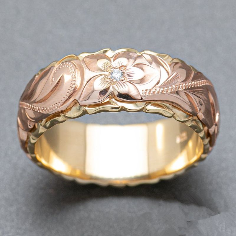Nuovo anello da sposa bicolore con rosa intagliata di Cao Shi_voghion.com