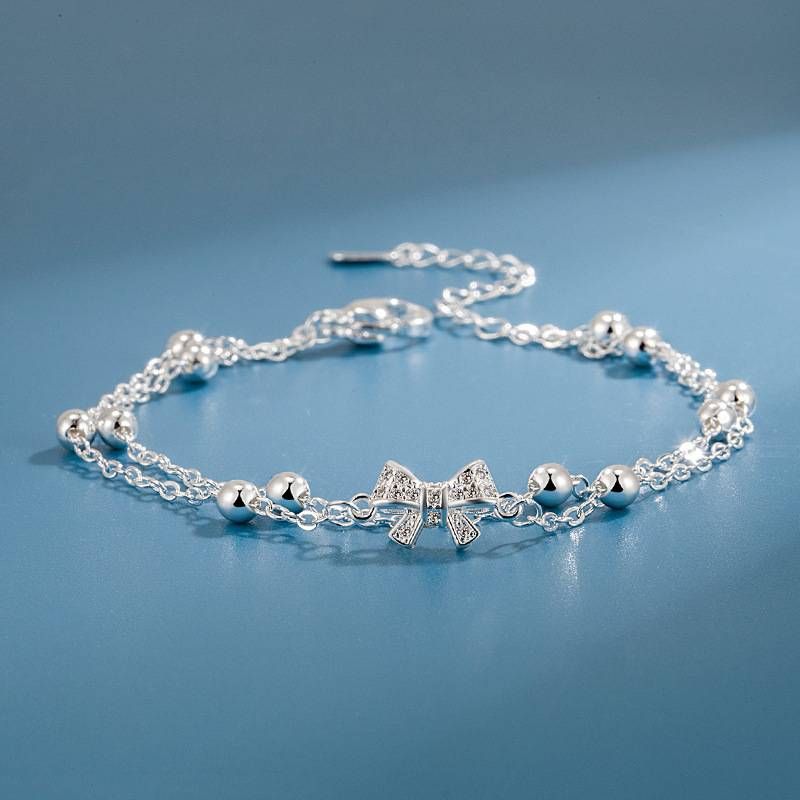 Exquisita pulsera con diseño de lazo de doble capa y cuentas de la amistad, joyería de plata esterlina ajustable para regalo de mujer_voghion.com