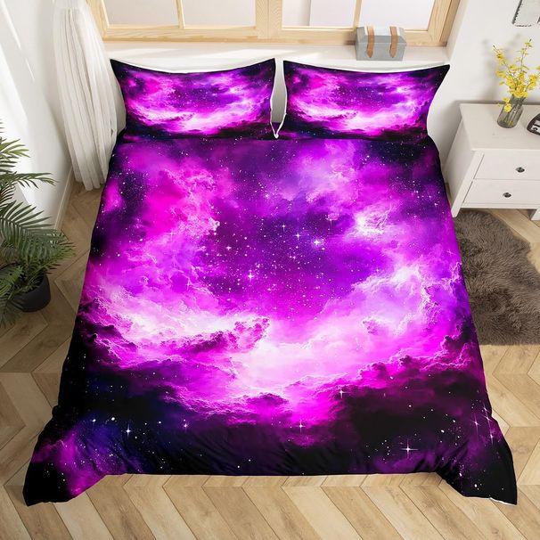 Pink Galaxy Bedding Set Outer Space Comforter Cover Set 3D Space Outer Sky Duvet Cover Bedroom Decor Universe Cloud Galaxy Bedding Collection _voghion.com