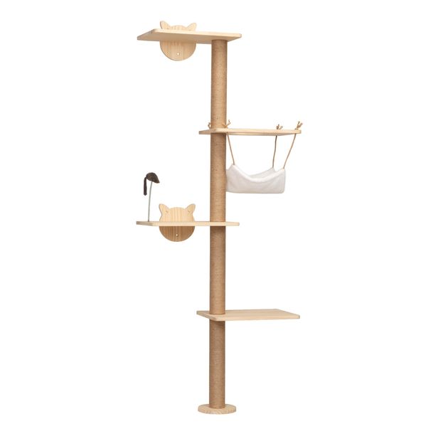 4-Tier Cat Climbing Tower With Hammock & Hanging Toys, Wall-Mounted Scratching Post For Indoor Cats, Space-Saving Design For Play & Rest_voghion.com