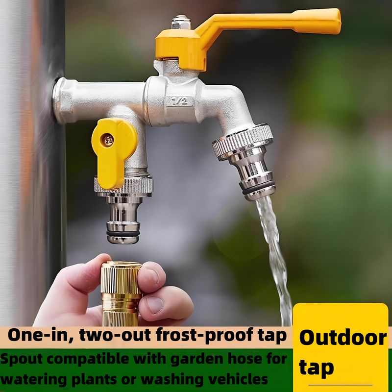 Thickened Outdoor Faucet, Frost-resistant And Crack-proof, Suitable For Courtyards And Gardens, Single-inlet And Double-outlet, Single-cold-water-connect, Quick-connect Dual-outlet Faucet._voghion.com