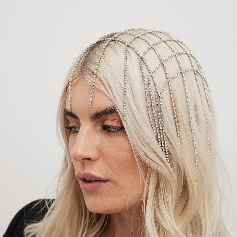 Tocado de malla con diamantes de imitación para mujer, lujo ligero, producto pequeño, accesorios para el cabello con borlas de diamantes de imitación, accesorios de pasarela nupciales exquisitos de alta gama_voghion.com