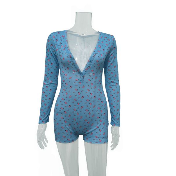 Damenbekleidung Sommer Neue Mode Blumendruck Langarm-Overall Lässiger, vielseitiger kurzer Overall_voghion.com