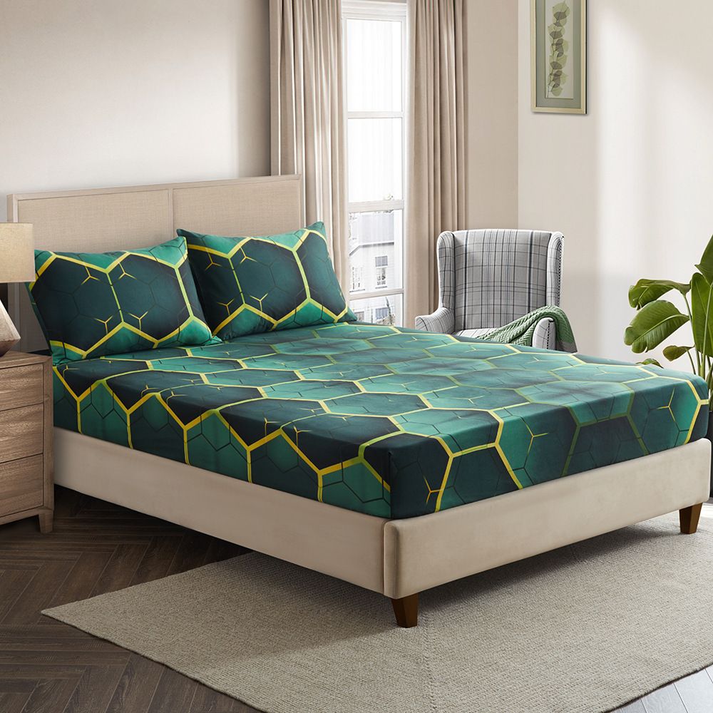 Honeycomb Geometric Fitted Sheet - 3D Printed Polyester Bed Cover With Stylish Patterns, Multiple Sizes_voghion.com