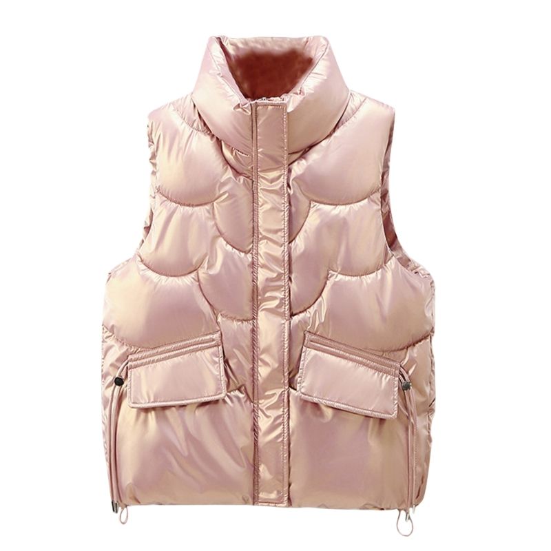 Womens Sleeveless Warm Puffer Vest Outerwear Stand Collar Zipper Up Shiny Solid Padded Gilet Waistcoat with Pockets D10_voghion.com