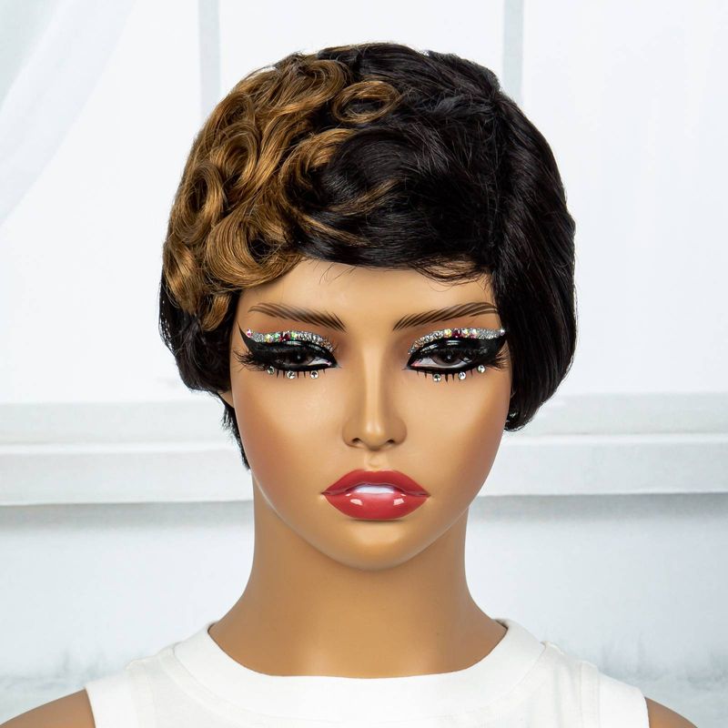 Human Hair Wig Highlight Short Curly Wig Pixie Cut Bob Cut Wig_voghion.com