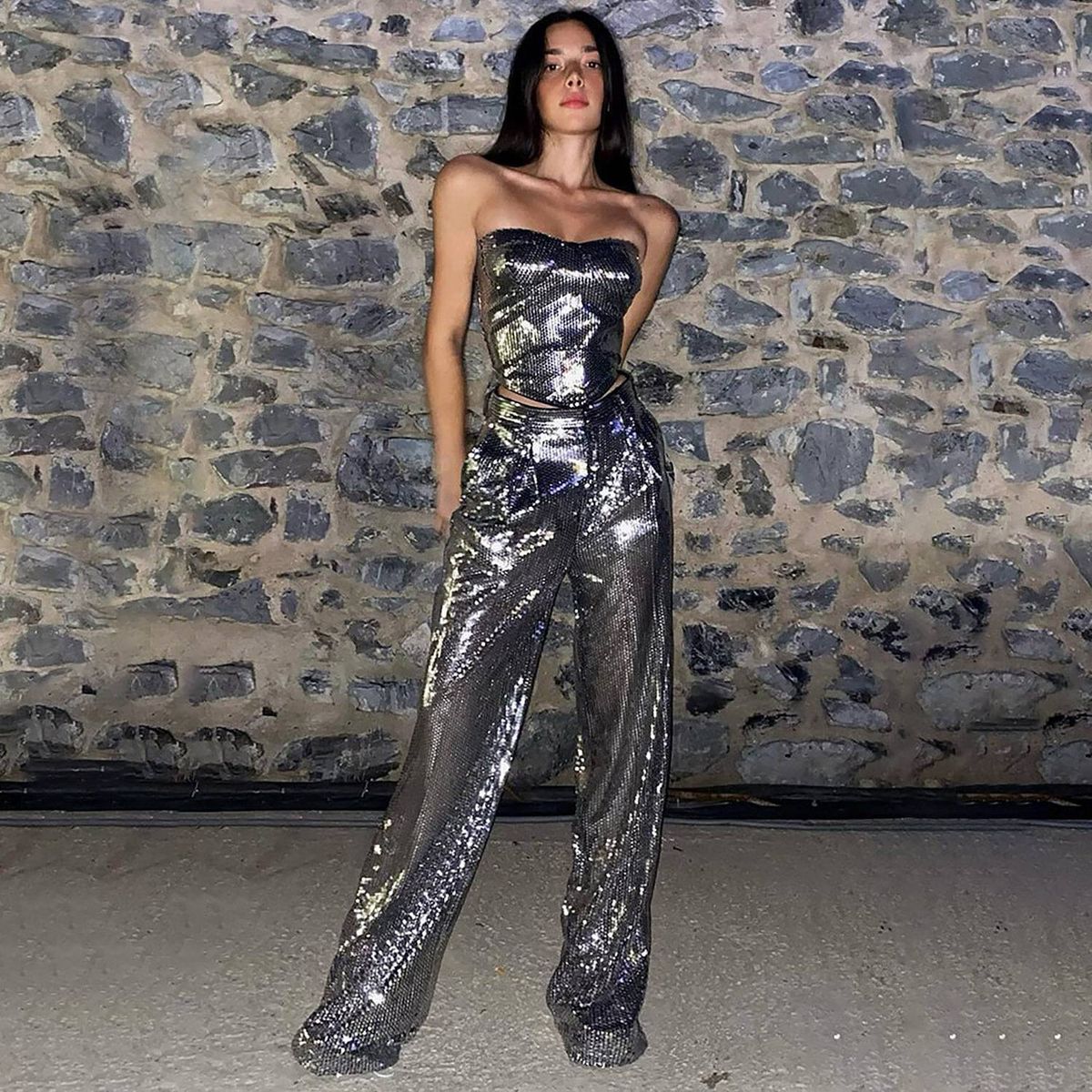 Women's summer top and pant two-piece silver sequin suit_voghion.com