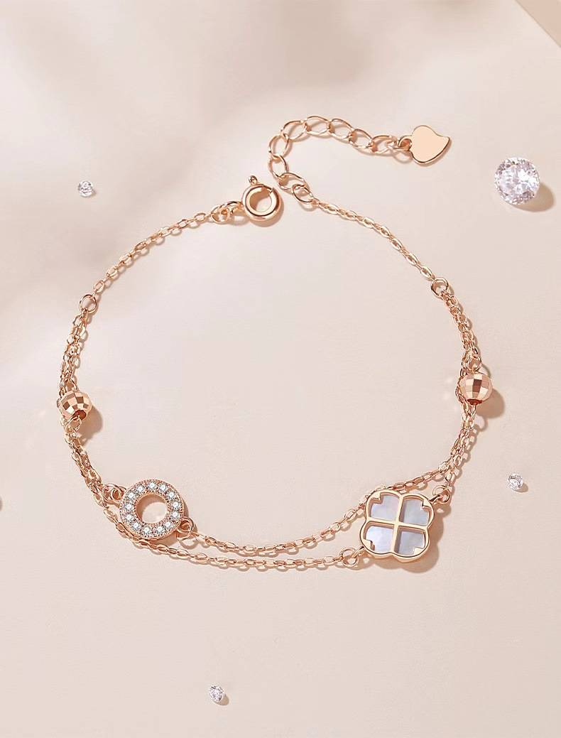 S925 sterling silver double layer four leaf clover bracelet fairy style light luxury niche design high end sense to send girlfriends birthday gift_voghion.com