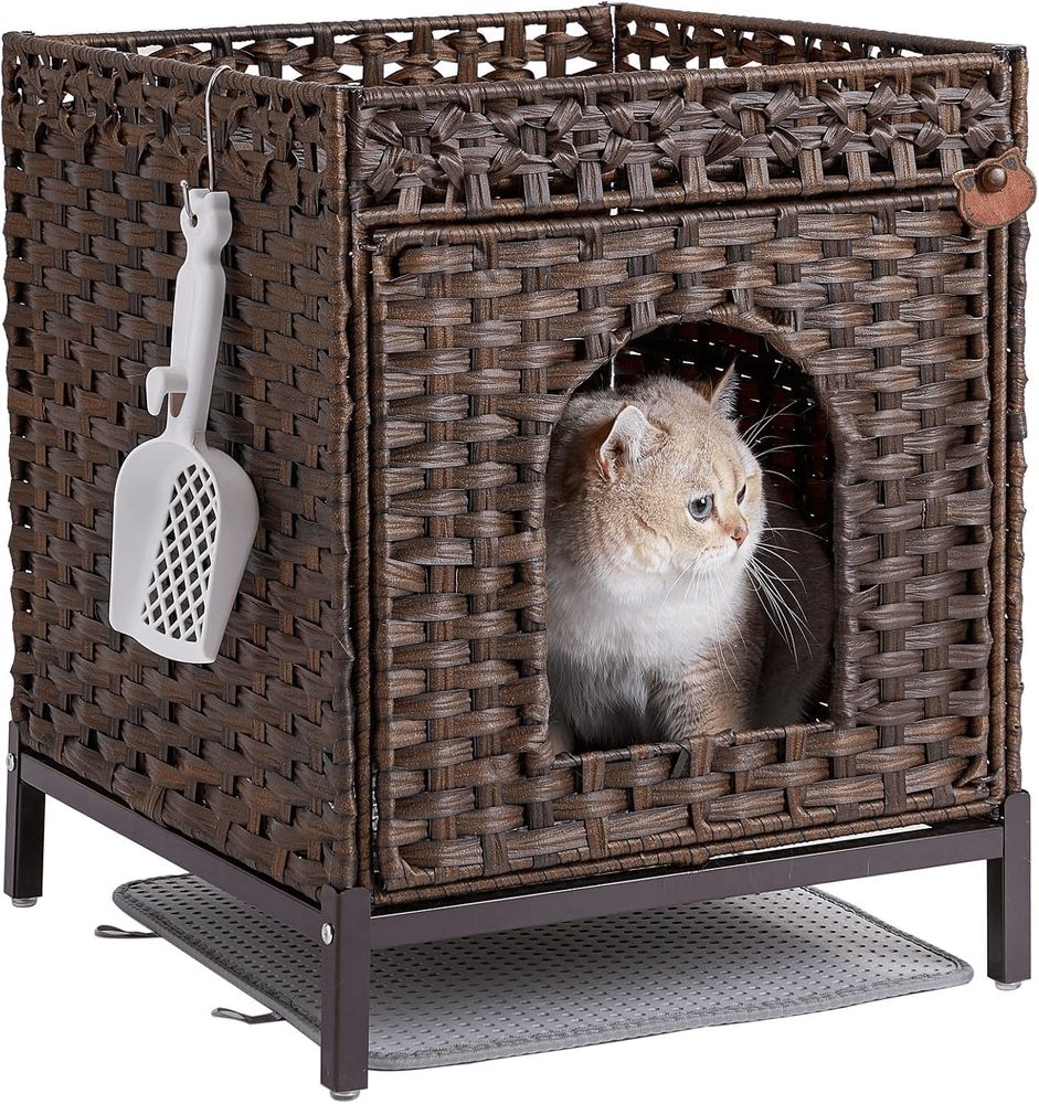 Cat Litter Box Enclosure Hidden Litter Box Furniture With Metal Heightened Feet, Rattan Handwoven Cat House With Litter Mat, Hidden Litter Box Furni_voghion.com