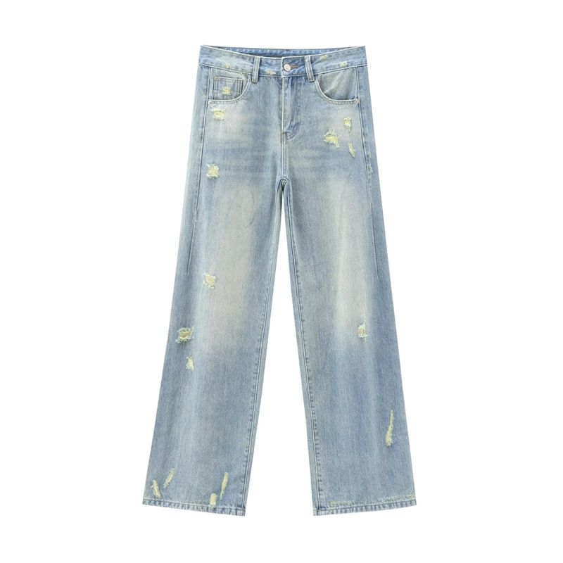 Women's clothing 2024 autumn/winter new fashion distressed decoration mid waist straight leg jeans_voghion.com