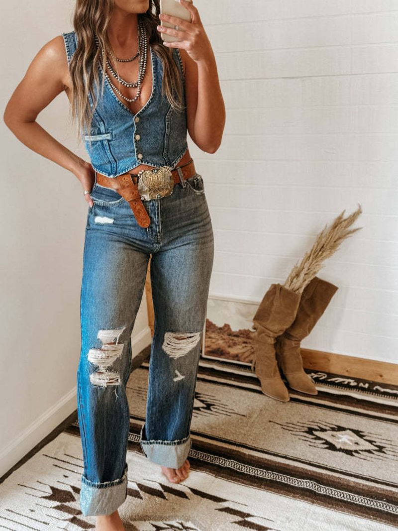Women's Clothing Sexy Low Cut V Neck Sleeveless Ultra Short Single Breasted Denim Vest_voghion.com