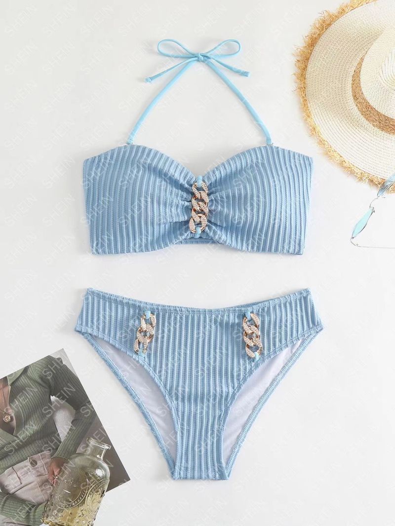 Women's Clothing Striped Halter Neck Fashion Split Biniki Swimsuit Female_voghion.com