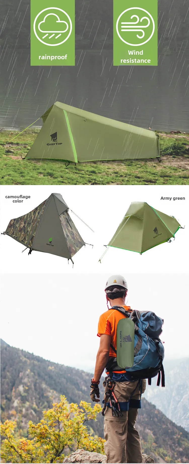 New mountaineering solo tent Outdoor camping sports equipment waterproof camouflage pyramid camping tent_voghion.com