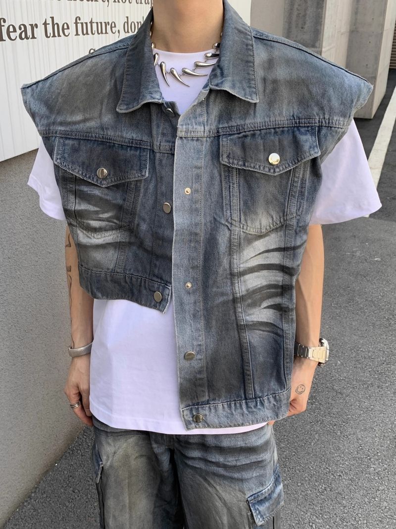 Men's Clothing High Street Ripped Short Denim Vest Men's Spring And Summer Trendy Vest Sleeveless Waistcoat Top_voghion.com