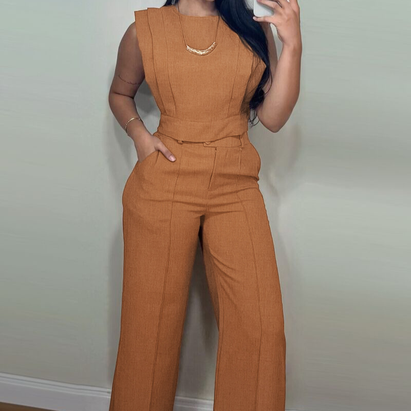 Women's Clothing Women's New Commuter Round Neck Short Top Straight Pants Casual Suit_voghion.com
