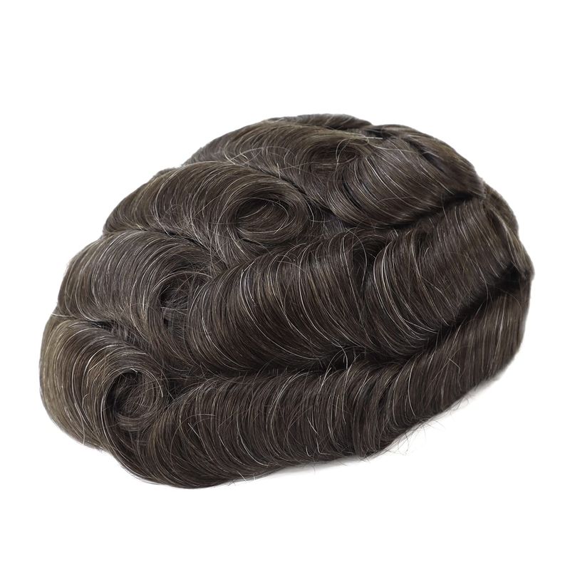 Q6 Toupee For Men 100% Human Hair Pieces I French Lace Front Poly Skin Bleached Hair Replacement System Wigs Dark Brown With 10% Grey Color #310_voghion.com