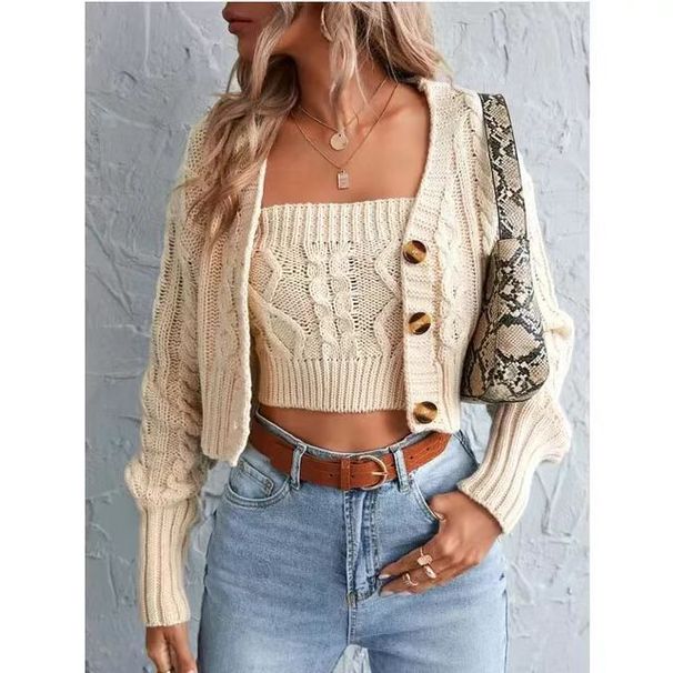 Damenbekleidung, gestrickter Pullover, zweiteiliges Set für Frauen, Retro-Pullover mit dreidimensionaler Stickerei, kleine Strickjacke, einfarbiger Anzug_voghion.com