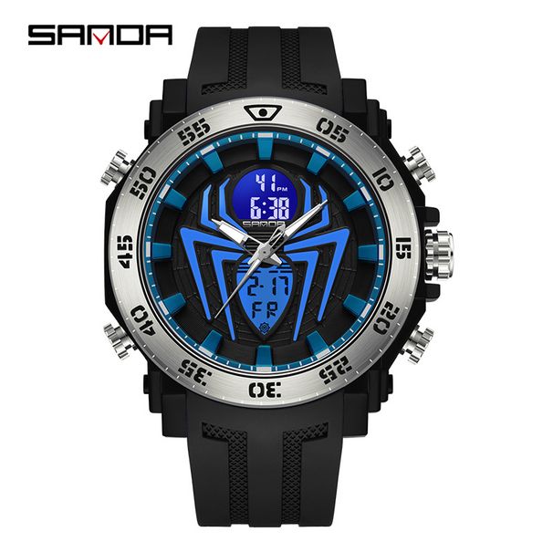 Sanda Trendy Cool Spider Dual Display Elektronische Uhr für Männer und Mittelschüler, wasserdicht, Sport, Nachtlicht, Timer, Multifunktionsuhr_voghion.com