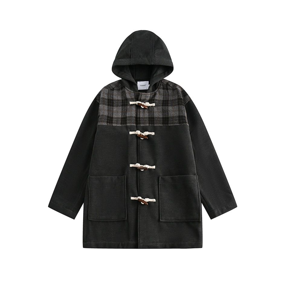 Cappotto da uomo OUSWEcityboy patchwork plaid con cappuccio e bottoni in corno, lunghezza media, RW64_voghion.com