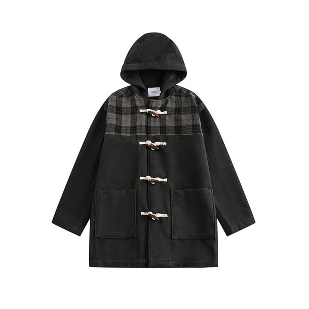 Cappotto da uomo OUSWEcityboy patchwork plaid con cappuccio e bottoni in corno, lunghezza media, RW64_voghion.com