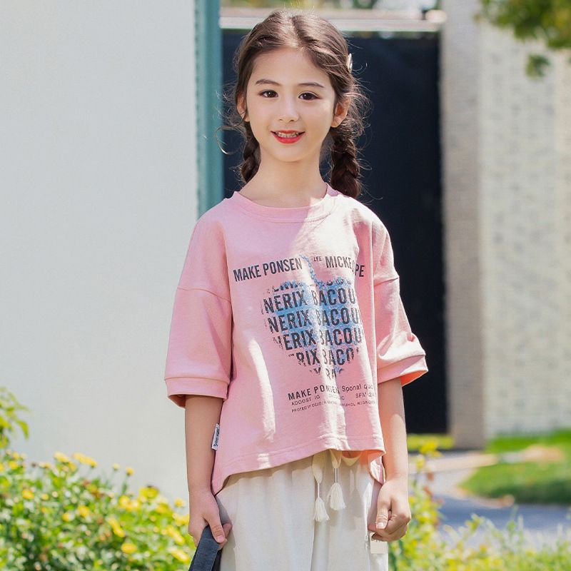 Kinderkleidung, lässig, große Kinder, Sommer, kurzärmelig, Hose aus Eisseide, Baumwolle, zweiteiliger Anzug_voghion.com