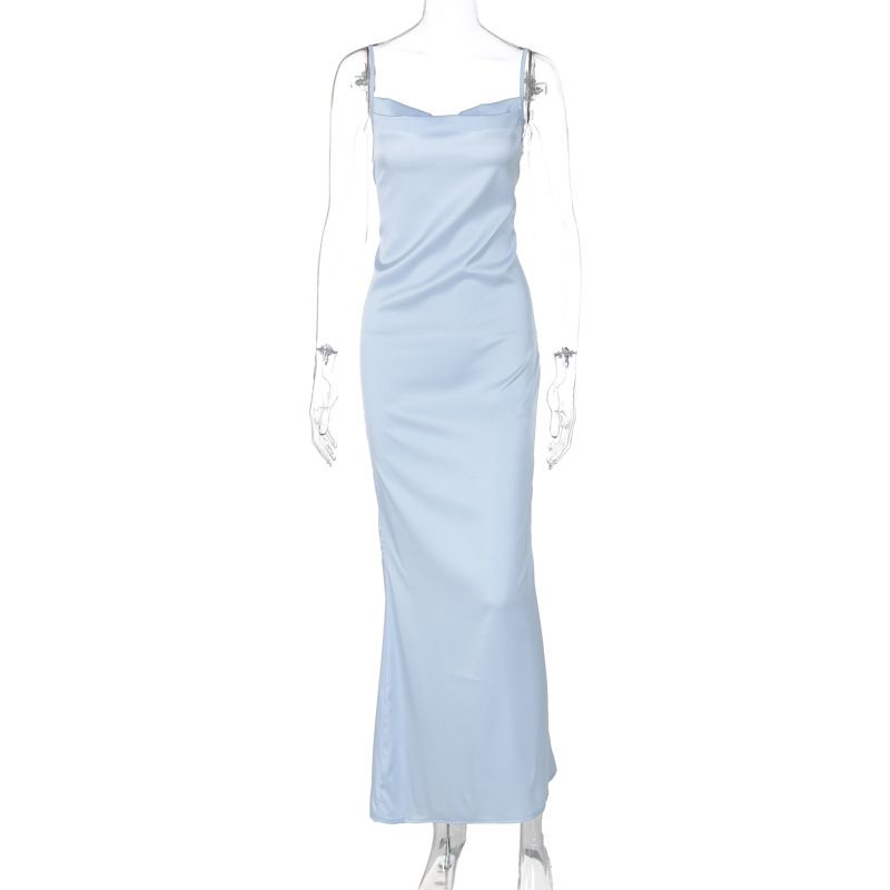 Stile temperamento autunnale 2024, nuovo abito lungo e sottile con bretelle, in tinta unita, con lacci e vita, stile europeo e americano, abbigliamento da donna_voghion.com