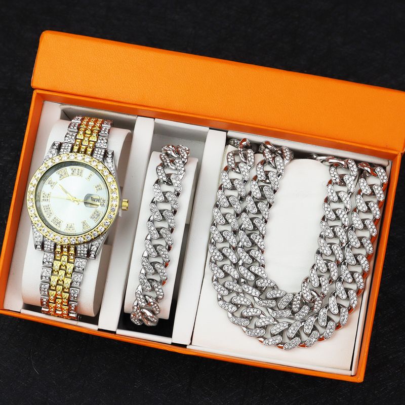 Confezione regalo con orologio Hip Hop, bracciale cubano, collana, orologio al quarzo con diamanti, set regalo_voghion.com