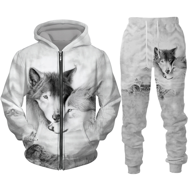 Primavera outono animal lobo nova moda 3d impressão digital masculino zíper com capuz camisola e calças conjunto_voghion.com