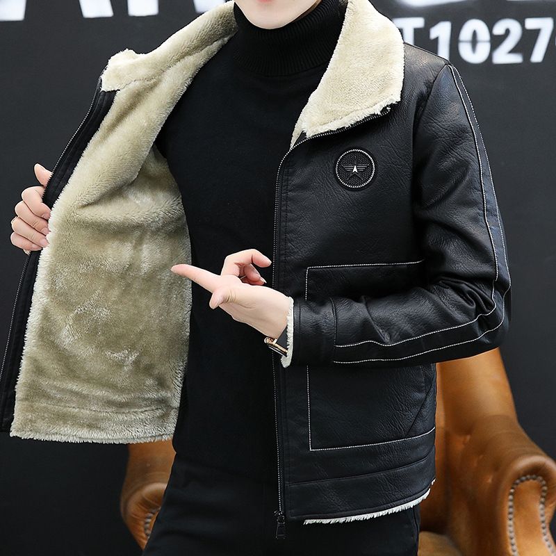 Fur One Herrenjacke Herbst und Winter plus samtverdicktes warmes Motorradleder lässig gut aussehend_voghion.com